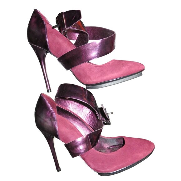 Guess by Marciano Pink & Purple Metallic Patent Italian Leather Strappy Heels 7 - Picture 1 of 10